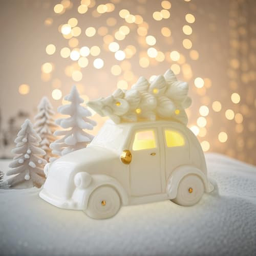 Decorazione natalizia in ceramica, mini albero di Natale con luce a LED, in porcellana, decorazione natalizia, bianco, albero di Natale in ceramica, illuminazione natalizia (D)