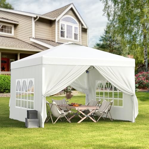 Bealife Gazebo da Giardino 3x3m Pieghevole - Tenda Impermeabile con 4 Pareti+2 Finestre, Borsa Trasporto Ruote per Feste Campeggio (Bianca)