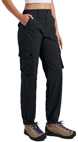 Pioneer Camp Wanderhose Damen Cargohose für Frauen Arbeitshose mit Gummibund Outdoor Hosen Baumwolle Stretch Jogginghosen mit 6 Taschen Schwarz M