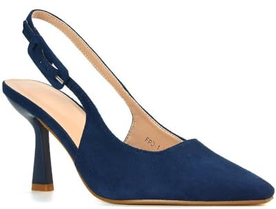 Women's Heeled Court Shoes Ladies Stiletto Mid High Heel Navy Faux Suede Classic Slingback Cloesed Toe Pumps Size 6