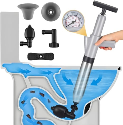 Gxpjycfob Toilet Unblocker Heavy Duty, High Pressure Toilet Plunger for Unblocking, Sink Plunger with 4 Replaceable Heads, Air Sink Unblocker Tools for Kitchen Bathroom Floor Drain Pipe Clog (Grey)
