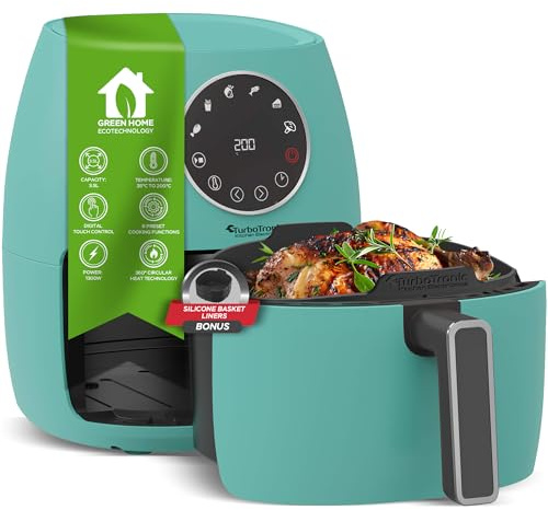 Heißluftfritteuse 3,5L NEU mit Silikoneinlage Airfyer für 0,3 kg Pommes Power 75-200°C 1300 W, 6 Programme Heissluftfritteuse Easy Air Fryer Braten Rösten (türkis)