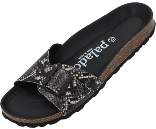 Palado Pantoletten Damen Malta Vipera – bequeme Sandalen Made in Spain - Hausschuhe mit dämpfendem Kork-Fußbett - modische Sommerschuhe Schwarz UK6 - EU39
