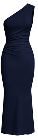 SweatyRocks Sommerkleid Damen Lang Maxikleid Enges Kleid mit Fishtail Freizeitkleid Hochzeitsgast Kleid mit Asymmetrischem Ausschnitt Dunkelblau S