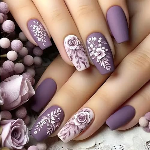Shimmerz 24 Pieces Purple and Light Purple Rose Pattern Press-on Coffin-shaped False Nails Rose Flower Sticker Nails Gloss Finish Art Nails