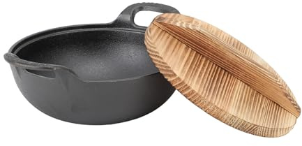 Qanyegn Gusseisen -Wok mit Holzdeckel, vorgewürzten Woks, Haushaltsrohren -Eisentopf zum Sturzbraten Grill Dampf authentische asiatische chinesische Nahrung (20 cm)