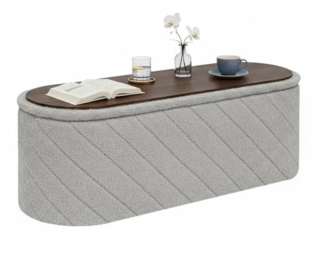 Bonlife Ovale Ottomanbank mit Stauraum, Klappbare Fußbank mit Deckel, Boucle Bank für Fußende des Bettes, Hocker für Wohnzimmer, Schlafzimmer, Eingangsbereich, Grau, 110x38x38cm