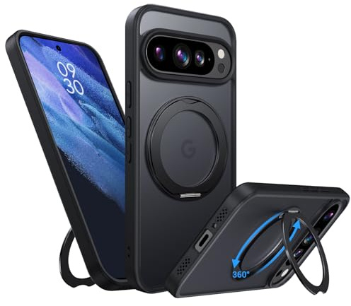 Telaso für Google Pixel 9 Hülle mit MagSafe, Handyhülle für Google Pixel 9 Pro Hülle [360° Drehbarer Ständer] Translucent Matte Schutzhülle für Google 9/9 Pro Case, Ring Halter Cover, Schwarz