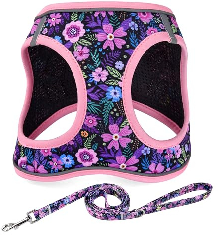 Mihqy Hundegeschirr Kleine Hunde mit Leine, Step-in Geschirr aus Air Mesh, Anti Zug Reflektierend Atmungsaktiv Brustgeschirr, Welpengeschirr für Kleine Hunde, Katzengeschirr(Pink Floral-XS)