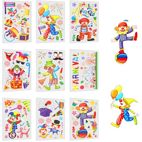 9 Blatt Karneval Fensterbilder Aufkleber Selbstklebend Clown Deko Fasching Fenster Abziehbilder Sticker für Kinderzimmer Fasching Zirkus Party