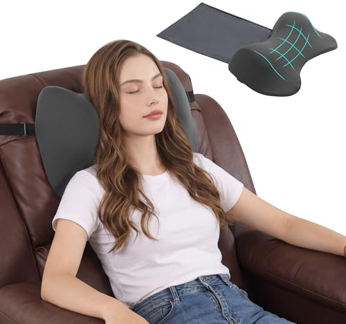Lumisnug Neck Pillow for Recliner Chair, Memory Foam Head Cushion with Non-Slip Backing & Adjustable Straps, Neck Support for Sofa Chair, Office Chair, Breathable Cover (Grey)