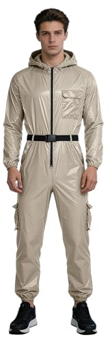 Agoky Herren Metallic Arbeitsoveralls Schutzoverall Mit Gürtel Taschen Wasserdichter Overall Jumpsuit Einteiler Regenbekleidung