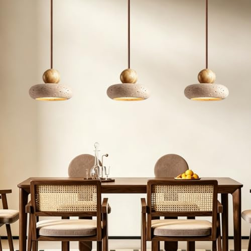 HYKISS Dreiflammige Hängelampe Im Wabi-Sabi-Stil 180 Cm Verstellbares Aufhängeseil LED Hängeleuchte Im Japanischen Landhausstil Aus Gelbem Travertin Geeignet Für Die Kücheninsel Im Esszimmer