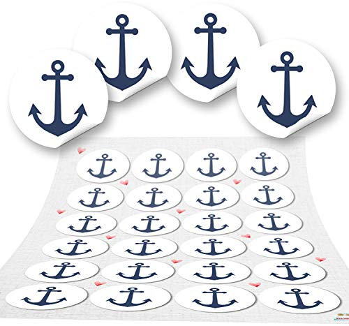 Aufkleber Anker, 24er Set: Maritime Sticker, Deko Sommer, Meer & Strand, Aufkleber Maritim, Dekoration für Karten, Geschenke & Party, Dekosticker Klein, Maritimdeko, Schiffsanker, Weiß/Blau, Ø 4 cm