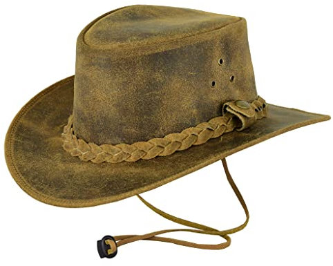 Leatherick Unisex-Cowboyhüte aus echtem Mad-Horse-Leder im West-Aussie-Stil mit Kinnriemen (2XL, Verrückte Bräune)