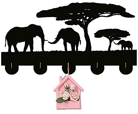 KingLive Black Wood Elephant Animal Key Hooks Wall Hanger Key Rack Holder Wall Hook with 5 Standard Hooks