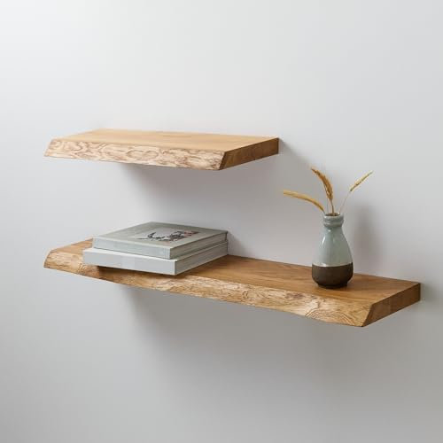 BestLoft.de Wandregal Ruby Baumkante 40cm Eiche Wand Wandregal Holz Schweberegal Bücherregal Wandregal Küchenregal Wand Shelf Schweberegal Eiche mit Baumkante Naturkante (40cm)