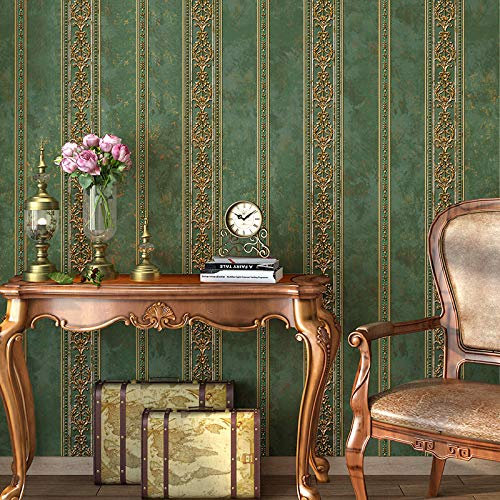 Prior.choice Vlies-Tapete im Vintage-Stil, Damast-Streifen, 8 Farben, geprägt, strukturiert, für Schlafzimmer, Wohnzimmer, 4,5 x 82,8 cm, Olivgrün