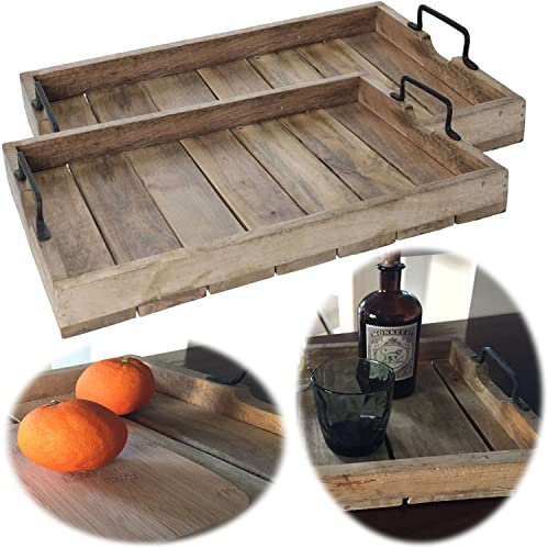 LS-LebenStil 2X Mango-Holz Serviertablett 46x31x5cm Set Griff-Tablett Betttisch Betttablett Holztablett Küchentablett Frühstückstablett mit Griffen