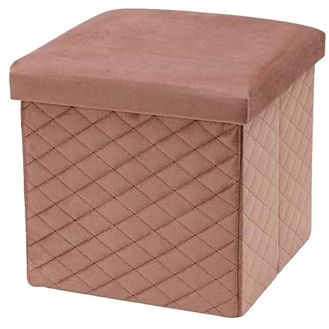 Baroni Home Pouf Cubo Contenitore Pieghevole in Velluto, Poggiapiedi Imbottito Porta-Oggetti, Sgabello Contenitore per Camera e Salone, Pouf Salvaspazio, 35x35x35 cm, Rosa Cipria