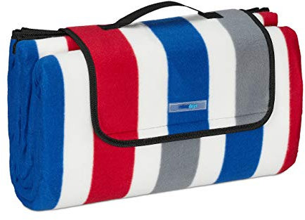 Relaxdays XXL Picknickdecke, 200x200 cm, Fleece Stranddecke, gestreift, wärmeisoliert, wasserdicht, mit Tragegriff, bunt