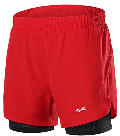 ARSUXEO Laufhose Herren Am Laufen Kurze Hose Gym Shorts mit Kompressionshose 2 in 1 Laufshorts für Fußball, Basketball oder das tägliche Leben B179 rot XL