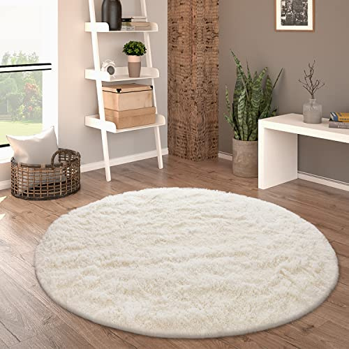 Paco Home Hochflor Teppich Wohnzimmer rutschfest Fellteppich Shaggy Flauschig Weich Modern Kunstfell Fell Imitat Einfarbig, Grösse:120 cm Rund, Farbe:Ivory (Creme)