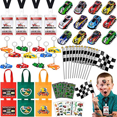 Rennautos Mitgebsel Kindergeburtstag Junge 72Stk. Mini Auto Spielzeug, Rennwagen Tätowierungen, Schlüsselanhänger, Flagge, Lizenz, Rennautos Partyzubehör für Give Aways Kindergeburtstag Gastgeschenke