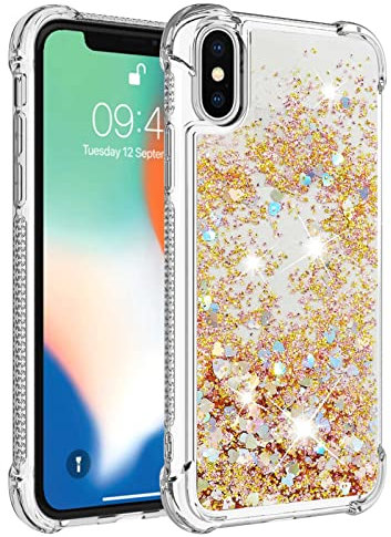 KBIKO-zxl Clear Case Compatible with iPhone X Phone Case Silicone TPU Shockproof Protective Cover for iPhone X/iPhone XS, Cover Glitter Liquid Case for iPhone X/iPhone XS.Gold YBL