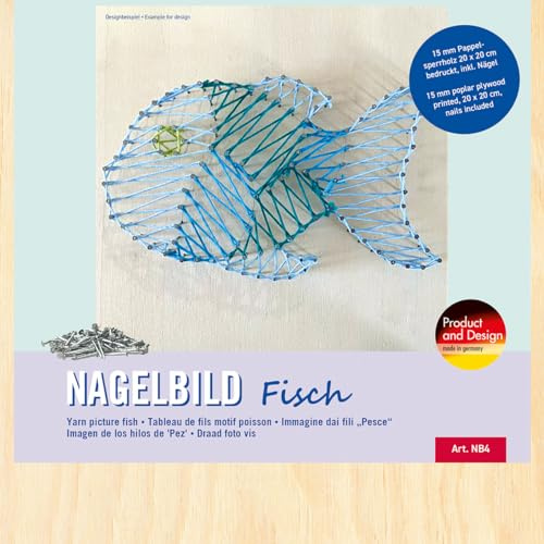 Pebaro NB4 Nagelbild Kreativ Set, Bastelset, Fadenbild, Fadenspannbild, String Art, mit vorgedrucktem Motiv Fisch, inkl. Nägel, Basteln mit Holz, kreative Geschenkidee, Dekoartikel