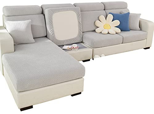 SHANNA Sofa Überzug Stretch, Couch Sofabezug 1 2 3 Sitzer L Form Ecksofa, Sofa Cover Sitzkissenbezug Sofaüberwürfe rutschfest Möbelschutz mit Elastischem Boden, Weben Hellgrau 3 Sitzer