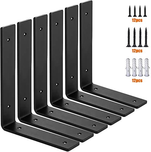 MLOQI 6 Pack Heavy Duty Shelf Brackets, 5mm Thick Scaffold Board L Wall Brackets for Shelves, Black Industrial Shelves Support (9x6/22.5cm x 15cm)