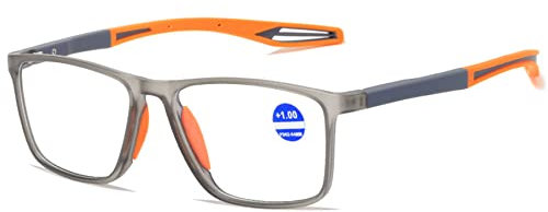 Lanomi Mode Kurzsichtige Blaulichtfilter Brille Rechteckig TR90 Rahmen Flexibel Leichte UV400 Schutz Outdoor Myopia Brillen für Damen Herren Grau Rahmen Orange Arm -3.0