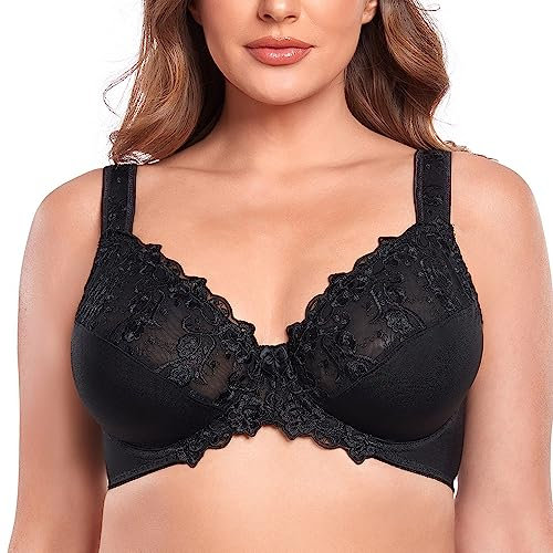 Ayigedu Women's Full Coverage Minimiser Bra Floral Lace Non Padded Plus Size Underwired Bra 34DD Black