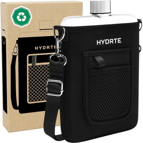 Hydrte Travel Mini Water Bottle with Strap & Sleeve – 500ml BPA-Free Slim Flat Reusable Water Bottle, Leak Proof (Nero Black)