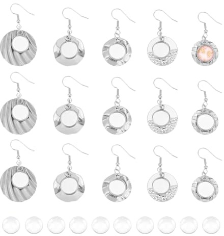 UNICRAFTALE 5 Styles 20 Sets Stainless Steel Flat Round Earring Bezel Trays Glass Blank Dome Dangle Earrings Cabochon Settings Ear Wire Hooks Bezel Trays with Glass Cabochon Setting for Jewelry Making