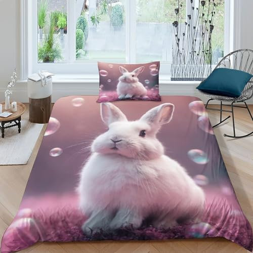 3D Niedliches Kaninchen Bettbezug Set Haustier-Häschen Bettwäsche Set Und Kissenbezug 2 Teilig Weiche Mikrofaser Mit Reißverschluss Und Kissenbezug Für Jugendliche Kinder Schlafzimmer Single（135x200cm