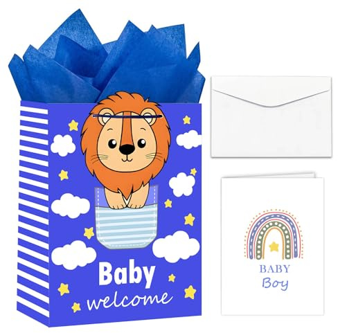 Geschenktüte Groß Geschenktaschen Baby Mit Geschenkkarte Und Seidenpapier Geschenktüte Baby Mädchen Rosa Geschenktaschen-13'' (1 x Blauer Löwe)