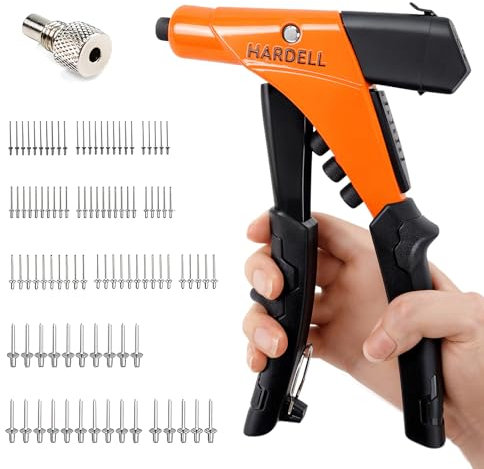 HARDELL Pince a Rivet, Riveteuse Professionnelle, Pince a Rivet Pop avec 100 Rivets, 4 Buses Interchangeables sans Outil 2,4mm-3,2mm-4,0mm-4,8mm, Pince à Rivet Manuelle pour Métal, Bois, Plastique