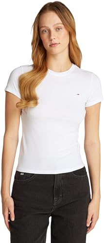 Tommy Jeans Damen T-Shirt Kurzarm Slim Rundhalsausschnitt, Weiß (White), L