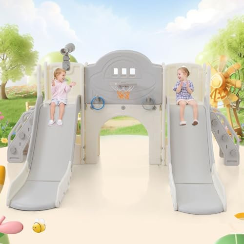 Toboggan Multifonctionnel pour Enfants - 8 en 1 avec 2 Toboggans, Escalade, Jeu de Forage et Espace de Rangement