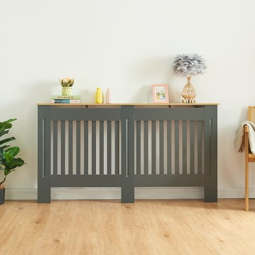 Panana Radiator Cover, Traditional Wood Grill Design MDF Wood Cabinet Radiator Covers, Grey with Wood top (L-152cm Width)
