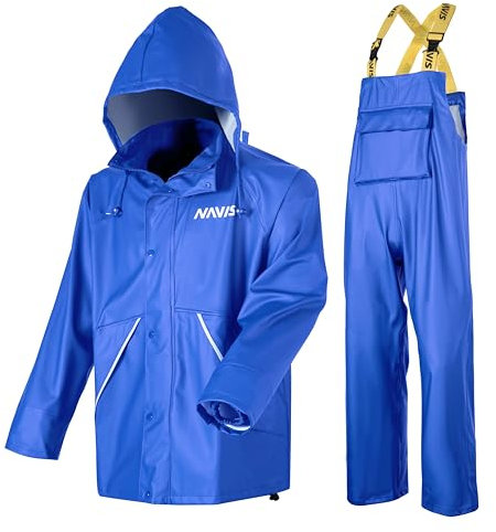 Navis Marine Herren Regenanzug 3-teilig-Wasserdichte PU Jacke und Hose mit Kapuze - Robuste Latzhose mit reflektierenden Streifen WS-005 (Navy,S)