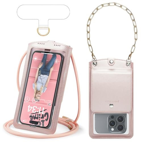 Casecond Handytasche zum Umhängen Geldbörse Universal Crossbody Handy Tasche Kleine Umhängetasche Damen mit Handykette Kamera Fenster Handgelenkkette Metall für iPhone 16 Samsung Bis zu 7.5 Roségold