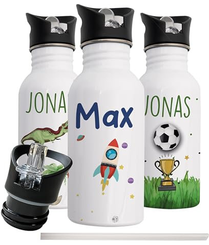 Kidsmood - Personalisierte Trinkflasche für Kinder aus Edelstahl, 500ml mit integriertem Trinkhalm, Auslaufsicher, Spülmaschinenfest und Perfekt für Schule & Kindergarten