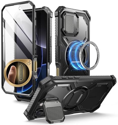 i-Blason Armorbox für iPhone 16 Pro Hülle mit Kameraschutz Ständer Kompatibel mit MagSafe Handyhülle Bumper Case Robust Schutzhülle mit Displayschutz für iPhone 16 Pro 6.3'' 2024 (Schwarz)