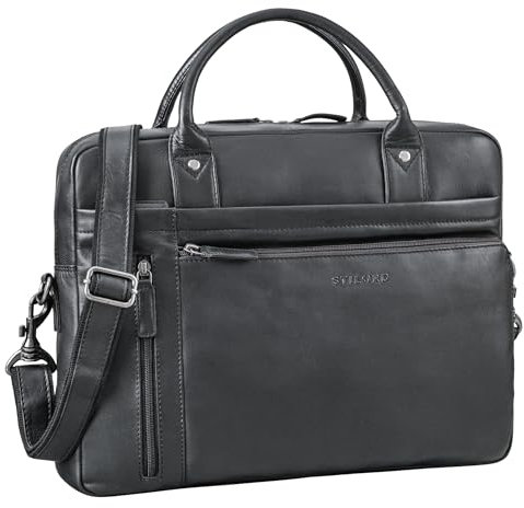 STILORD 'Jared' Unique Sacoche Ordinateur Cuir Sac Ordinateur 15.6 Pouces à 16 Cartable Homme Vintage Sac de Travail Femme Sac à Main Bandoulière Cuir Véritable, Couleur:Noir