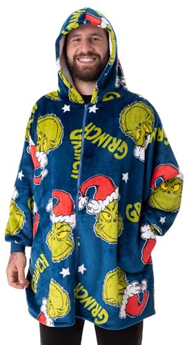 The Grinch Felpa con cappuccio indossabile per adulti | Pullover con cappuccio in pile con zip per adulti in blu con stampa del personaggio Grinch | Abbigliamento da casa foderato in sherpa con tasche