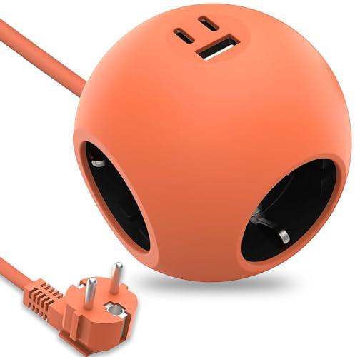RAVPHICS Regleta con USB y 2 tipo C (PD 25 W), 3 enchufes, 3 enchufes, enchufe múltiple, enchufe de viaje, oficina, hogar, regleta de 1,5 m, cable de 3680 W, 16 A
