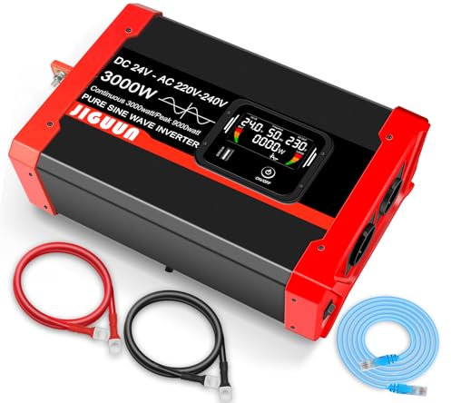 JIGUUN 3000W Convertisseur 24V 220V Pur Sinus Onduleur transformateur avec 2 Prises EU & 3 Ports USB+Tycp-C,Télécommande détachable et écran LCD Puissance de crête 9000W